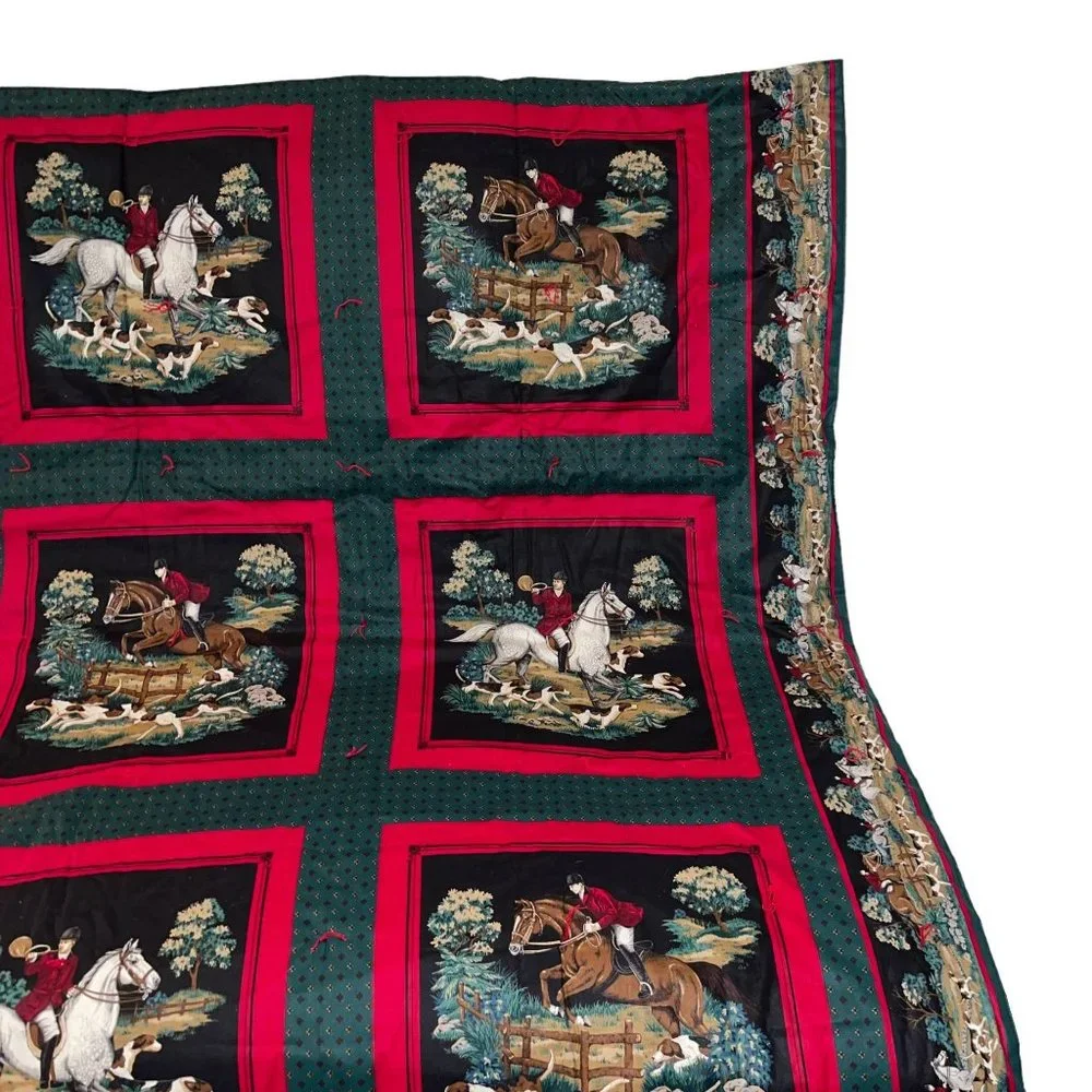 Handmade Vintage 70's Equestrian Horse Rider Beagle Hunting Pocket Quilt 70 X 43